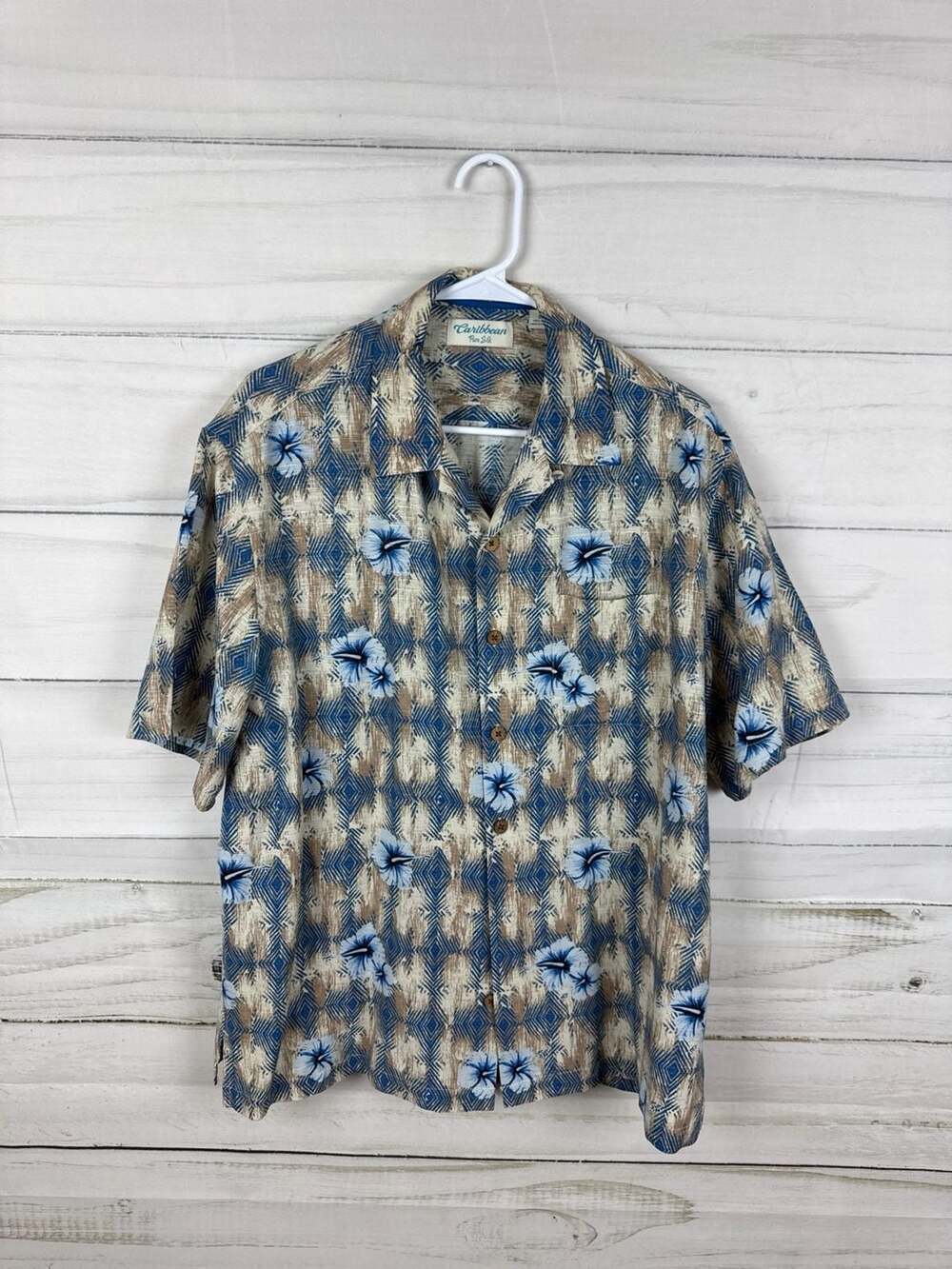 Caribbean Pure Silk Blue Hibiscus Geometric Hawaiian Shirt Size L